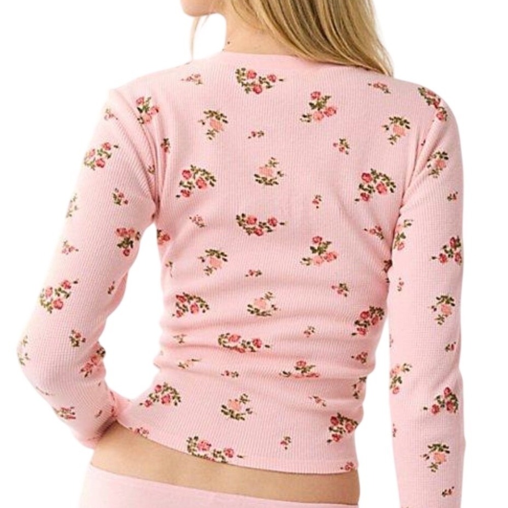 URBAN OUTFITTERS Out From Under Pink Floral Rose Waffle Thermal Top XL Cotton